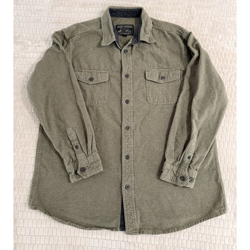 Grizzly Mountain Men’s Olive Green Long Sleeve Button-Up Shirt (2XL)